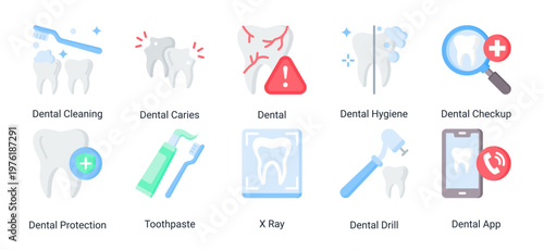 Dental Clinic Tools icon set featuring equipment,diagnostics and oral hygiene products suitable for dental clinic and healthcare service design