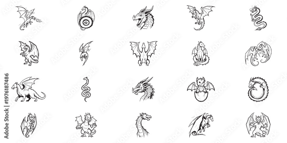 Fototapeta premium Set of fantasy dragon illustrations vector pack for design.