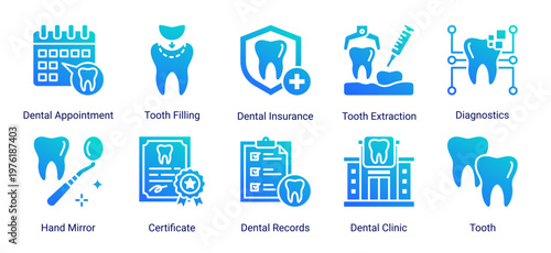 Dental Basics icon set including patient,dentist,dental procedures and essential oral healthcare elements suitable for medical and clinic design projects