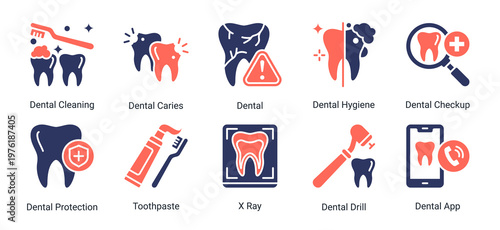Dental Clinic Tools icon set featuring equipment,diagnostics and oral hygiene products suitable for dental clinic and healthcare service design