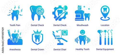 Dental Clinic Tools icon set featuring equipment,diagnostics and oral hygiene products suitable for dental clinic and healthcare service design