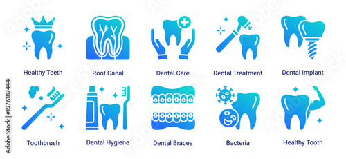 Dental Problems icon set representing oral issues,diagnostics and treatment support elements suitable for dental and healthcare design