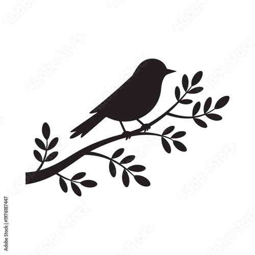 A simple black silhouette of a small bird perched on a branch