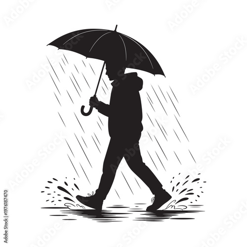 Silhouette of a person walking in the rain with an umbrella