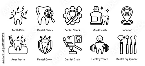 Dental Problems icon set representing oral issues,diagnostics and treatment support elements suitable for dental and healthcare design