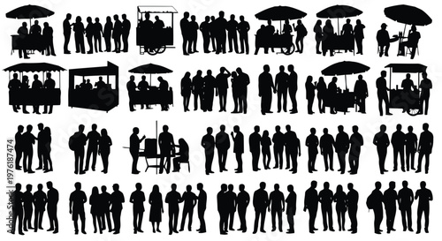 Diverse silhouettes of people in various social and outdoor settings Vector