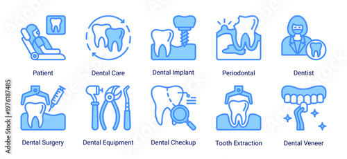 Dental Basics icon set including patient,dentist,dental procedures and essential oral healthcare elements suitable for medical and clinic design projects