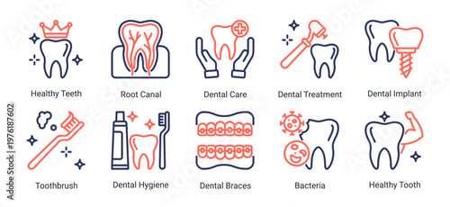 Oral Hygiene icon set featuring cleaning tools,healthy teeth and dental care elements suitable for oral health and hygiene design projects