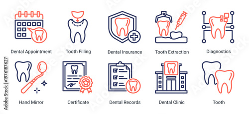 Dental Treatment icon set including appointment,procedures and dental clinic elements suitable for healthcare and medical service design