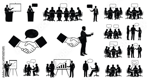 Illustrations of various business meeting and presentation scenarios Vector