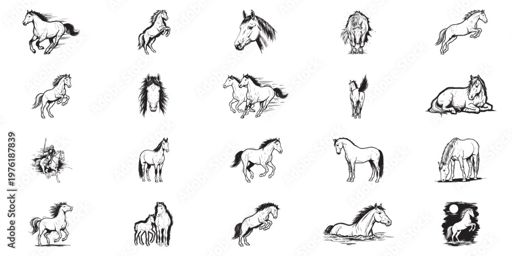 Fototapeta premium Collection of horse illustrations featuring galloping stallions and jumping mares in black and white line art style.