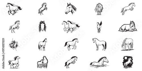 Collection of horse illustrations featuring galloping stallions and jumping mares in black and white line art style.