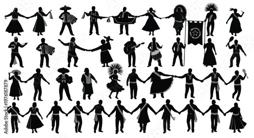 Traditional folk dance participants holding hands in various cultural attire Vector