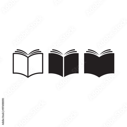 Three open books in varying shades of black and white illustration