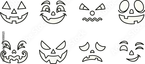 Set of Halloween pumpkin carving faces and Jack-o'-lantern emoji line icons isolated on a white background.
