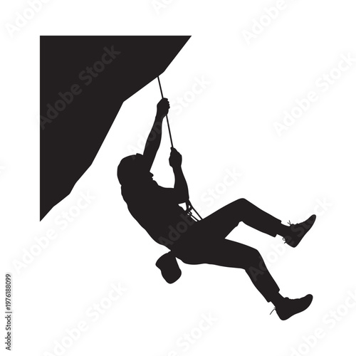 Silhouette of a rock climber ascending a dark textured cliff face