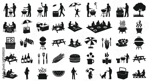 Collection of icons depicting various outdoor barbecue and picnic activities Vector