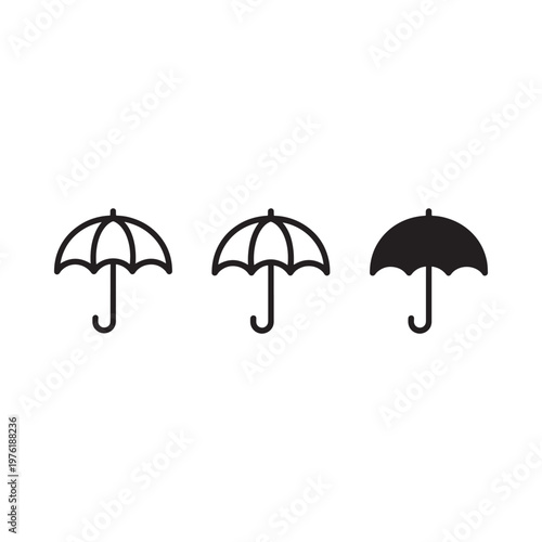 Three black umbrellas in varying shades against a white background