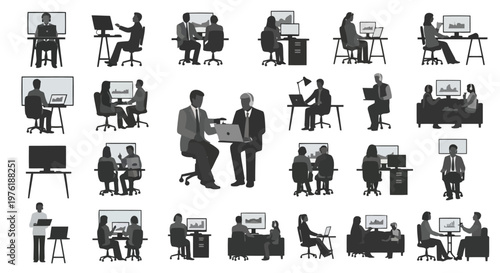 Diverse office meeting and workstation setups with modern technology Vector