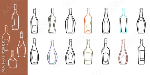 Set of various wine bottle outlines, different shapes and sizes of alcoholic beverage containers, vector illustration.