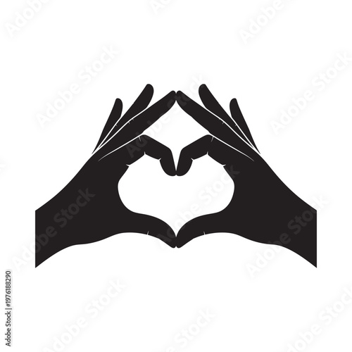 Black silhouette of two hands forming a heart shape with negative space