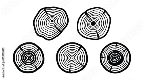 Wood cross section icons set showing tree rings and growth patterns.