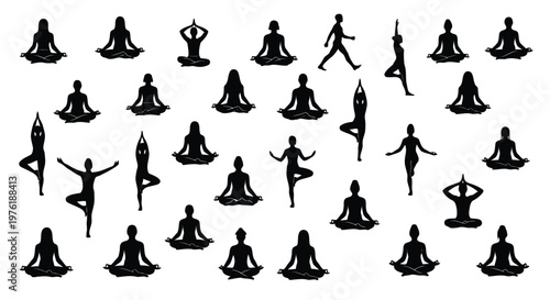 Diverse yoga and meditation poses illustrated in black and white silhouettes Vector
