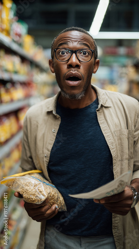 Surprised man in a store aisle, conveying price shock, confusion, consumer stress, urgent decisions, and rising living costs today.