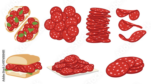 Salami slices and sandwiches, Italian cured meat and food presentation.