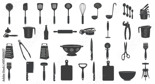 Comprehensive collection of essential kitchen and cooking tools and utensils Vector