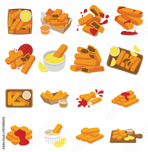 Fish sticks or fingers set, various servings with sauces and splashes isolated.