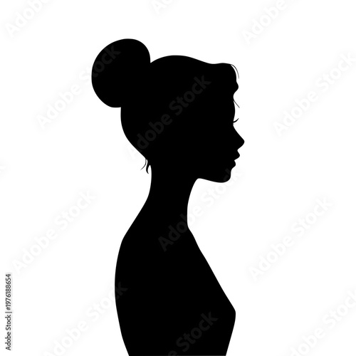 Black silhouette of a woman with her hair in a bun facing right side profile against a white background in a graphic illustration design