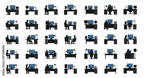Variety of office workstation setups with different computer arrangements and user postures Vector