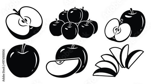 Apple fruit black silhouettes vector set with whole fruits and slices.