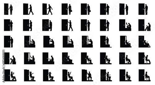 Sequential illustrations of a person interacting with a refrigerator in various ways Vector