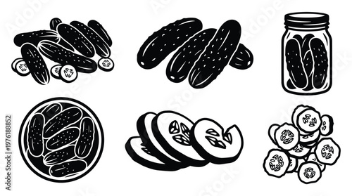 Pickled cucumbers black silhouettes vector set with whole and sliced.