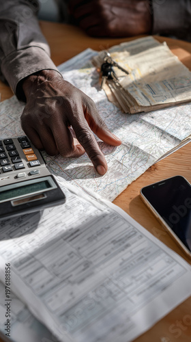 Hand pointing at bills beside calculator and phone, conveying budgeting stress, household planning, rising expenses, and tax season pressure today.