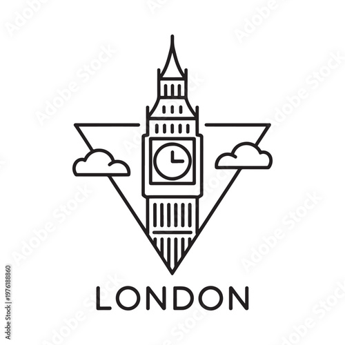 Minimalist line art illustration of big ben and clouds over london