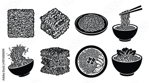 Instant noodles asian food set graphic design elements.