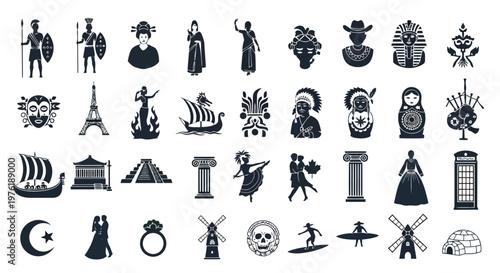 Historical and cultural icons from various global civilizations and traditions Vector