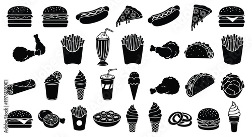 Diverse collection of fast food and dessert icons in a minimalist black and white style Vector