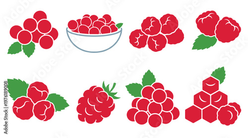 Raspberry and red berry icons set with green leaves and fruit bowls.