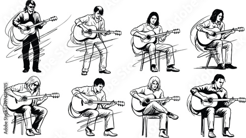 Hand drawn vector illustration collection featuring eight different male musicians playing acoustic guitars in various sitting and standing performance poses.