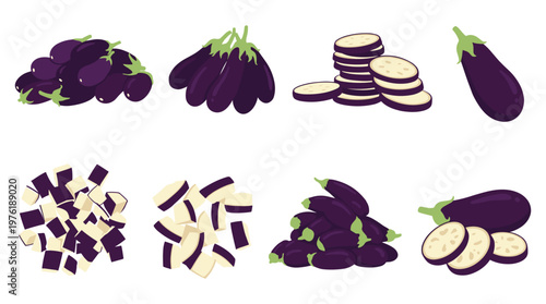 Various fresh eggplants vector set whole, sliced, and diced.