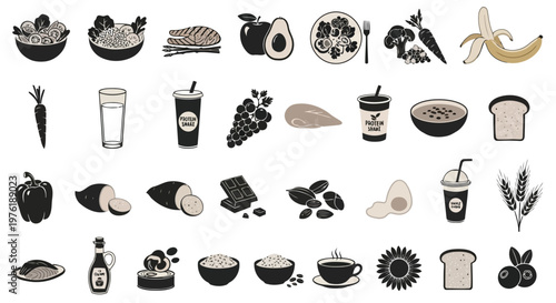 Assorted icons representing various foods and beverages in a healthy diet Vector