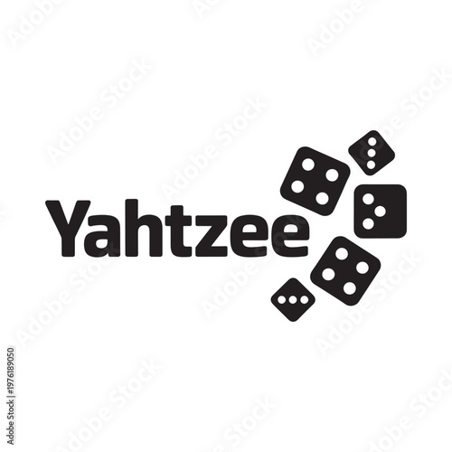 Yahtzee game logo with scattered black dice on a white background