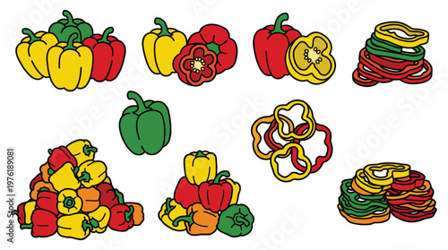 Collection of colorful bell peppers whole, cut, and in rings.