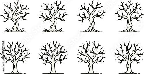 Collection of bare tree line icons and leafless winter tree silhouettes isolated on a white background.