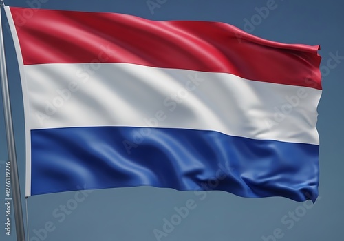 Free Download Waving Dutch flag in red white and blue colors against a clear blue sky background - GFXLoad
