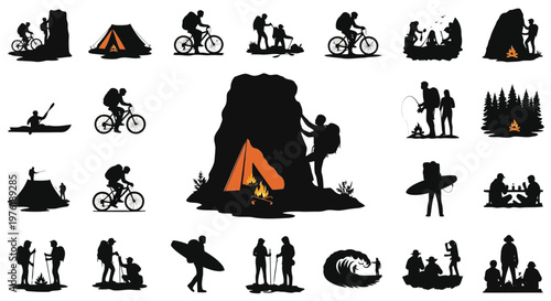 Adventures and activities of outdoor enthusiasts in nature Vector